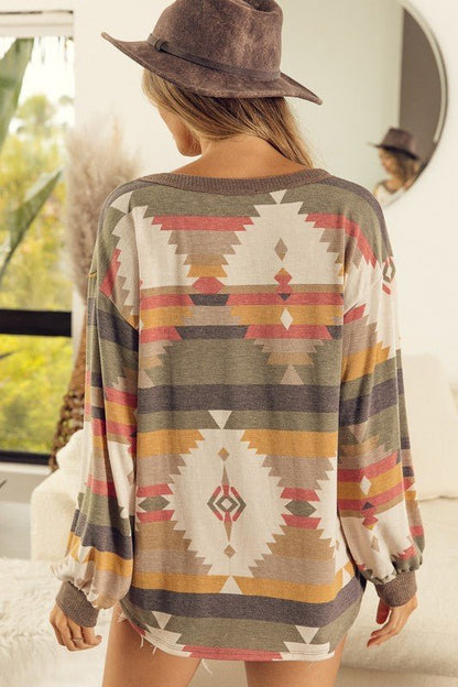 AZTEC PRINTED FRENCH TERRY KNIT BUTTONED HENLEY TOP by Bibi - CountryFide Custom Accessories and Outdoors