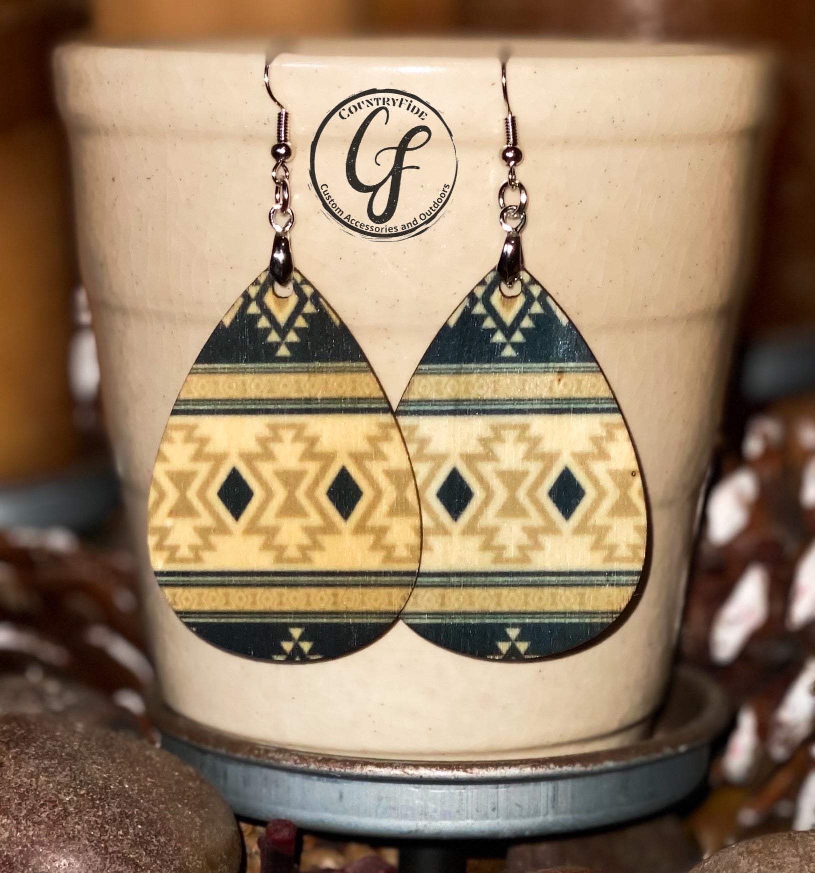 BLACK AND TAN WOOD AZTEC EARRINGS - CountryFide Custom Accessories and Outdoors