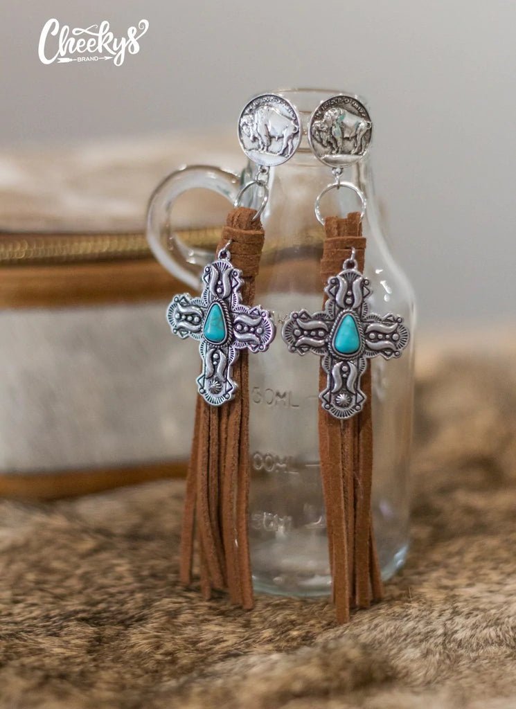 Buffalo Nickel Leather Tassel Earrings with Turquoise Cross Charm - CountryFide Custom Accessories and Outdoors