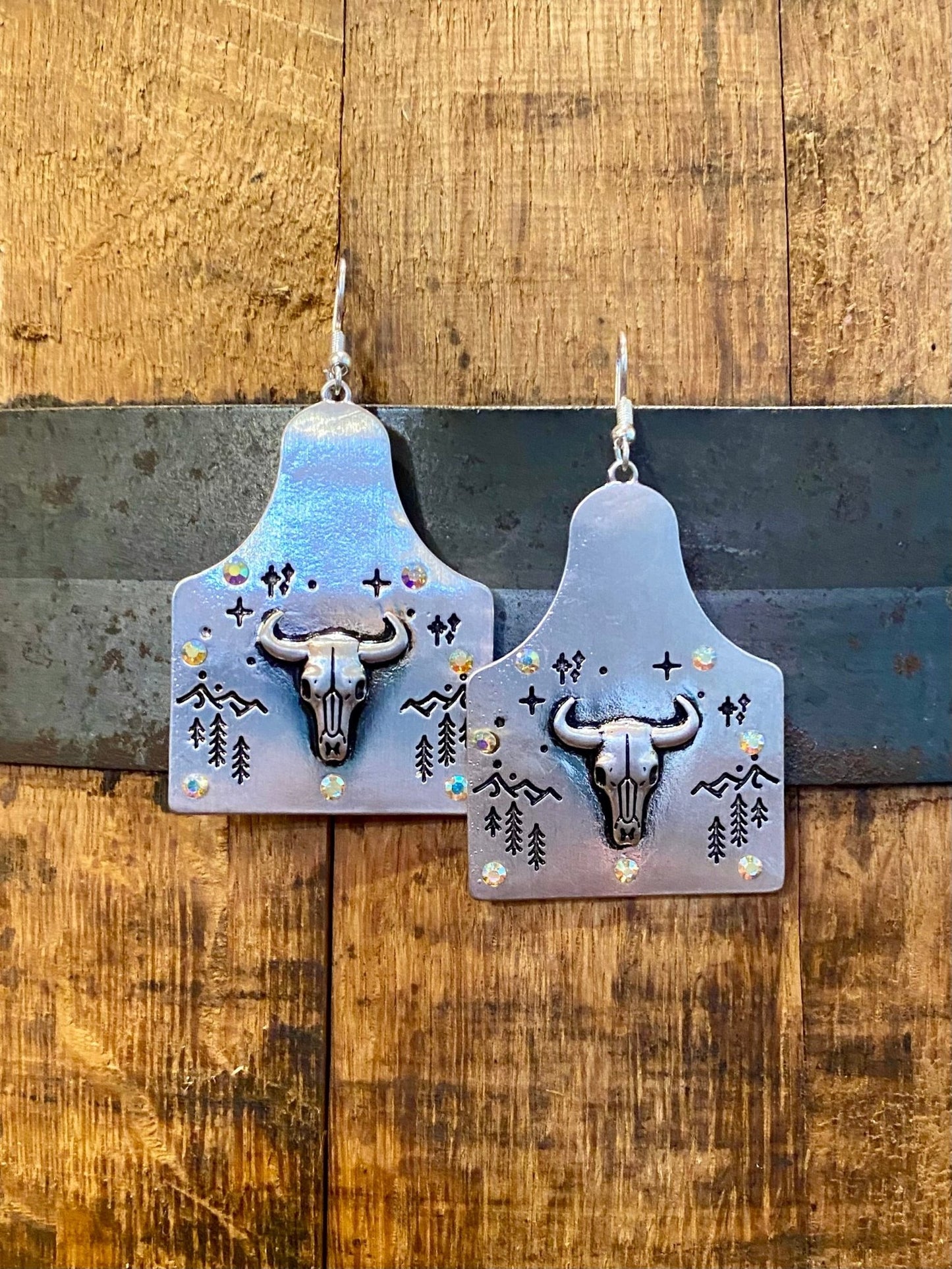 BULL AND RHINESTONE COW TAG EARRINGS - CountryFide Custom Accessories and Outdoors