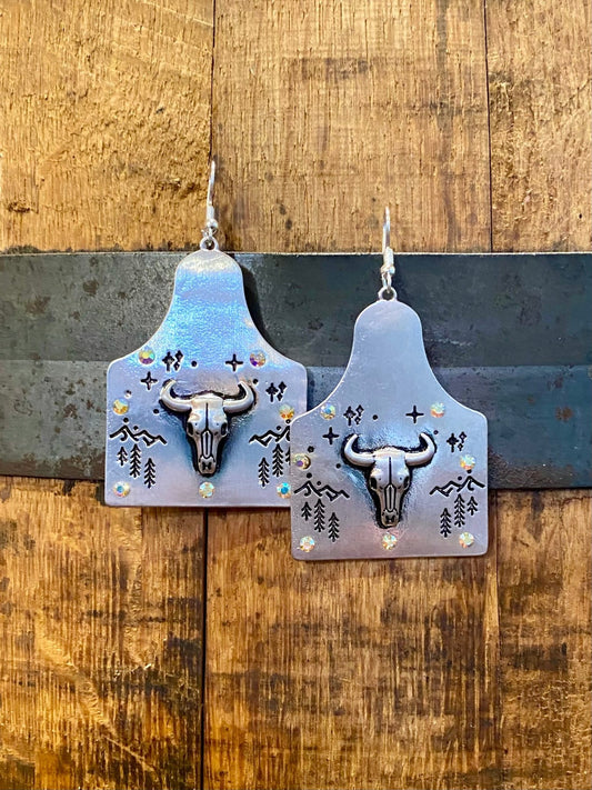 BULL AND RHINESTONE COW TAG EARRINGS - CountryFide Custom Accessories and Outdoors