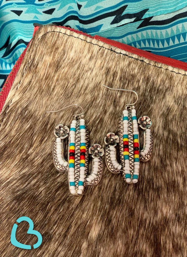 Clayton Cactus Beaded Earrings in White - CountryFide Custom Accessories and Outdoors