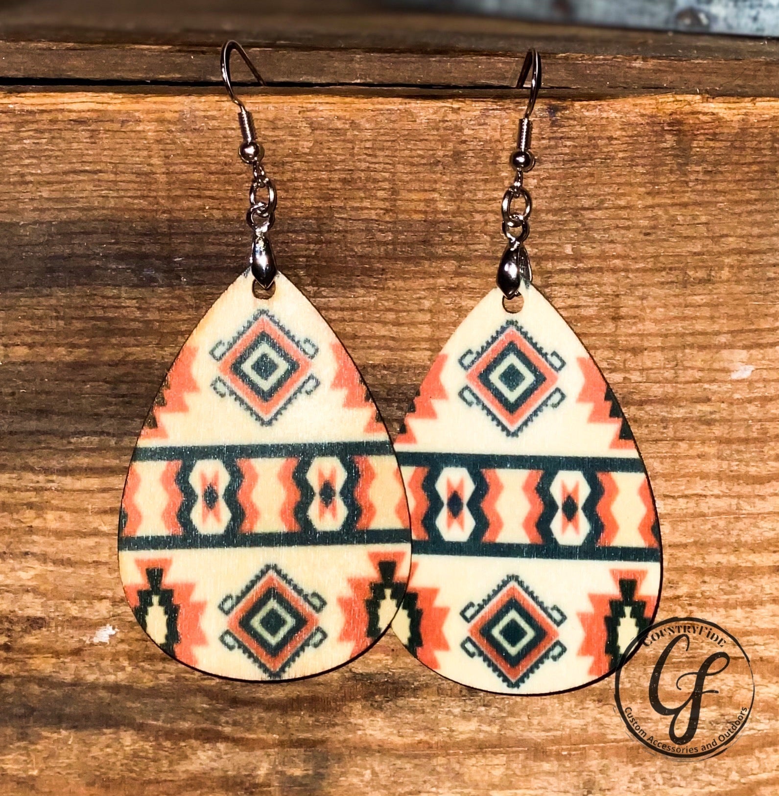 CORAL AND BLACK WOOD AZTEC EARRINGS - CountryFide Custom Accessories and Outdoors