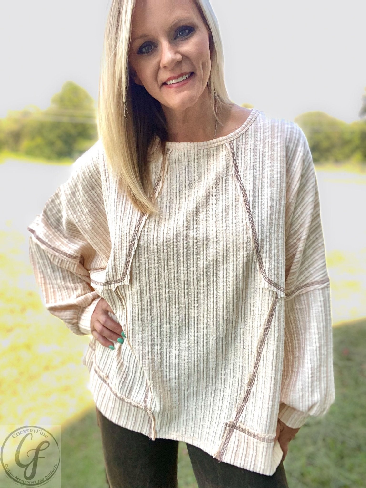 CREAM AND TAN STITCH WAFFLE TOP - CountryFide Custom Accessories and Outdoors