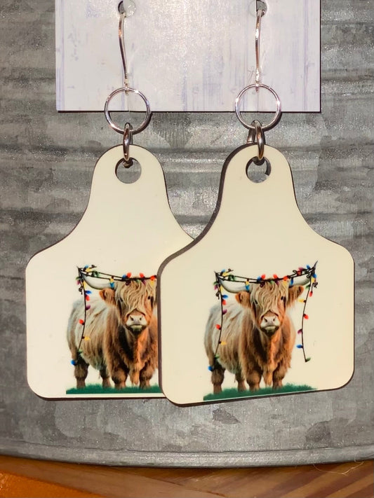 HIGHLAND CHRISTMAS COW TAG EARRINGS - CountryFide Custom Accessories and Outdoors