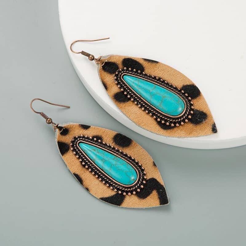 Leopard and Turquoise Stone Earrings - CountryFide Custom Accessories and Outdoors