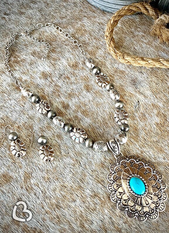 Navajo Flower with Turquoise Stone Concho Necklace and Earrings Set - CountryFide Custom Accessories and Outdoors