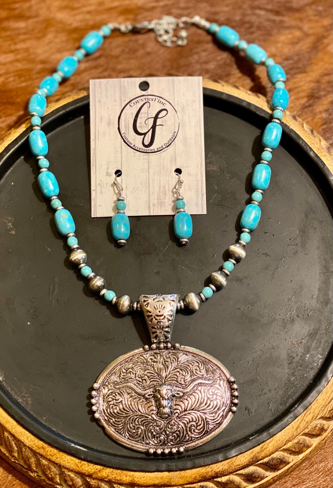 Oakley Turquoise Stone Steer Necklace and Earrings Set - CountryFide Custom Accessories and Outdoors
