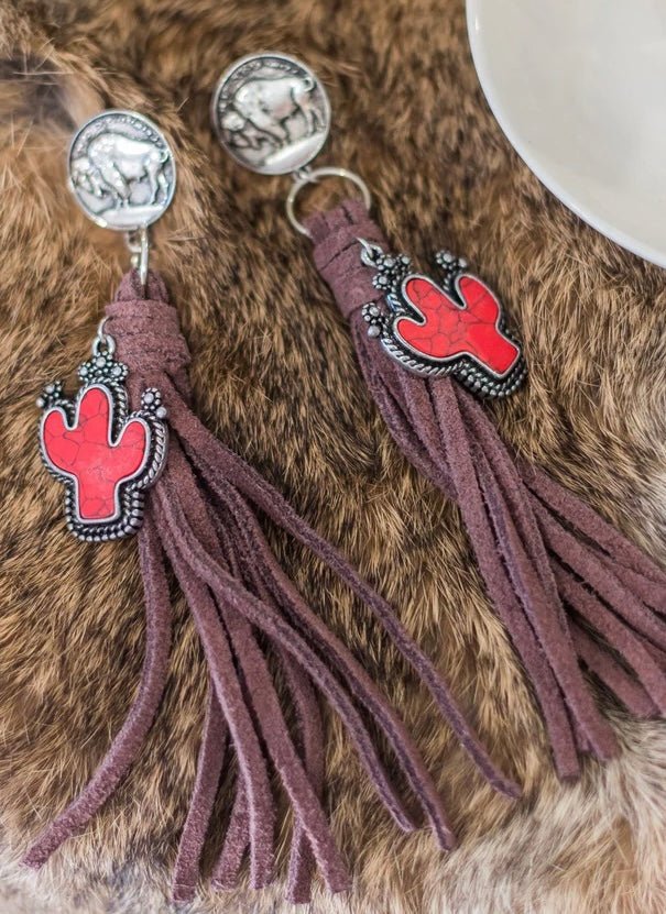 Red Cactus Buffalo Nickel Tassel Earrings - CountryFide Custom Accessories and Outdoors