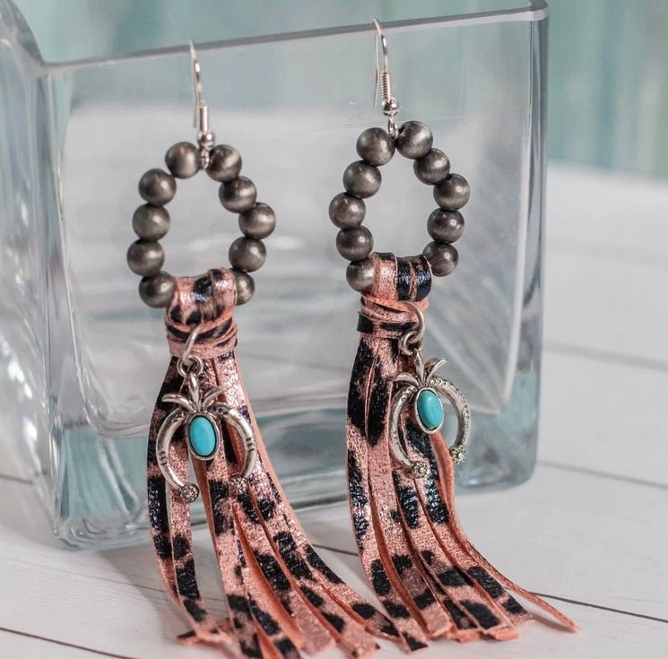 The Bowie Navajo Pearl and Fringe Earrings in Rose Gold Leopard - CountryFide Custom Accessories and Outdoors