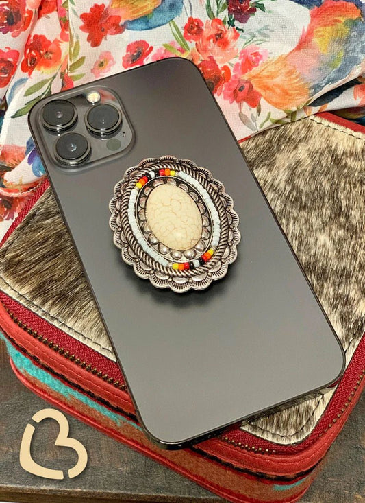 White Buffalo Beaded Concho Phone Grip - CountryFide Custom Accessories and Outdoors