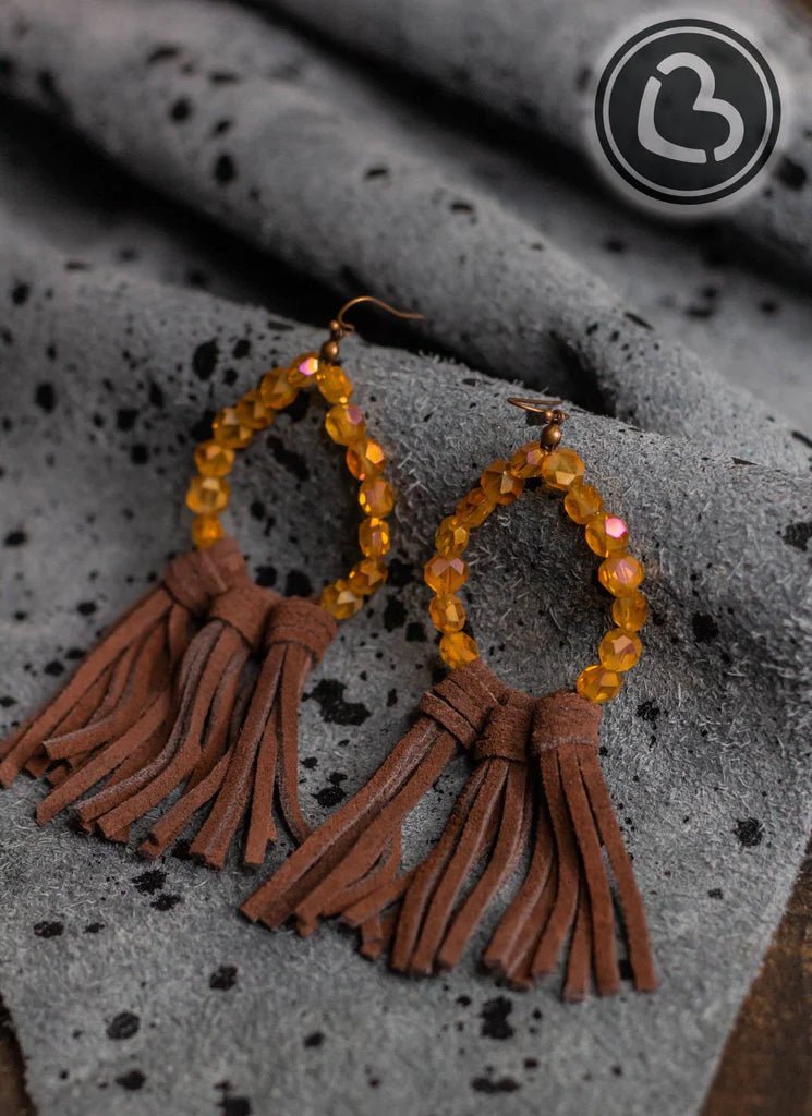 Willa Leather Tassel Earrings with Amber Beads and Brown Tassels - CountryFide Custom Accessories and Outdoors