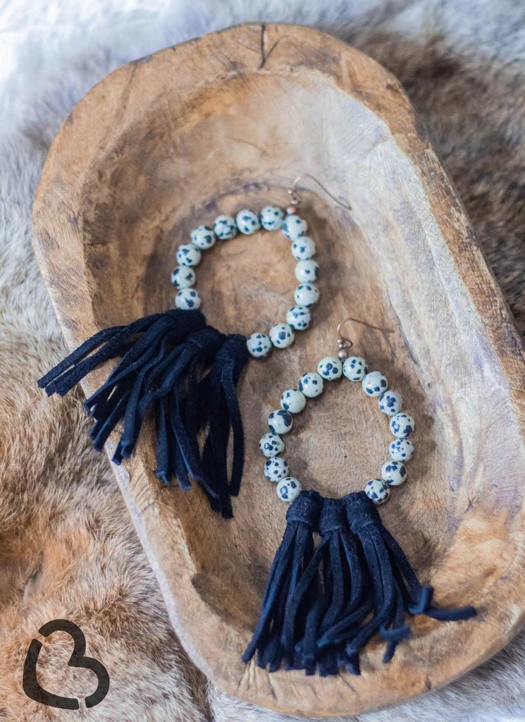 Willa Leather Tassel Earrings with Cow Print Beads and Black Tassels - CountryFide Custom Accessories and Outdoors
