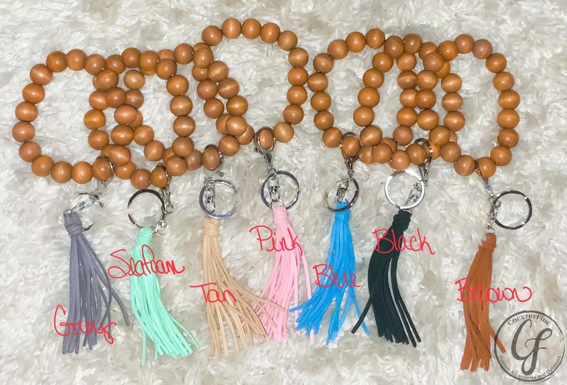 Wood bead keychain with leather tassel - CountryFide Custom Accessories and Outdoors