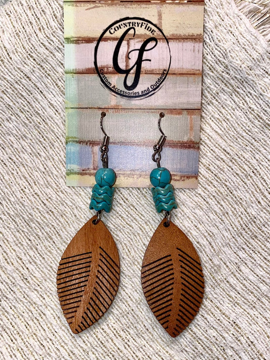 WOOD FEATHER WITH TEAL STONE EARRINGS - CountryFide Custom Accessories and Outdoors